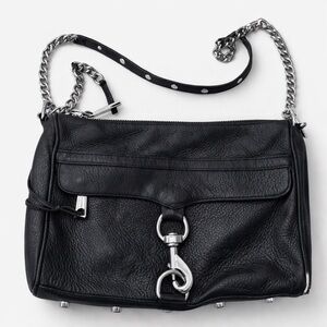Chic Black Leather Rebecca Minkoff Crossbody Bag with Silver Chain
